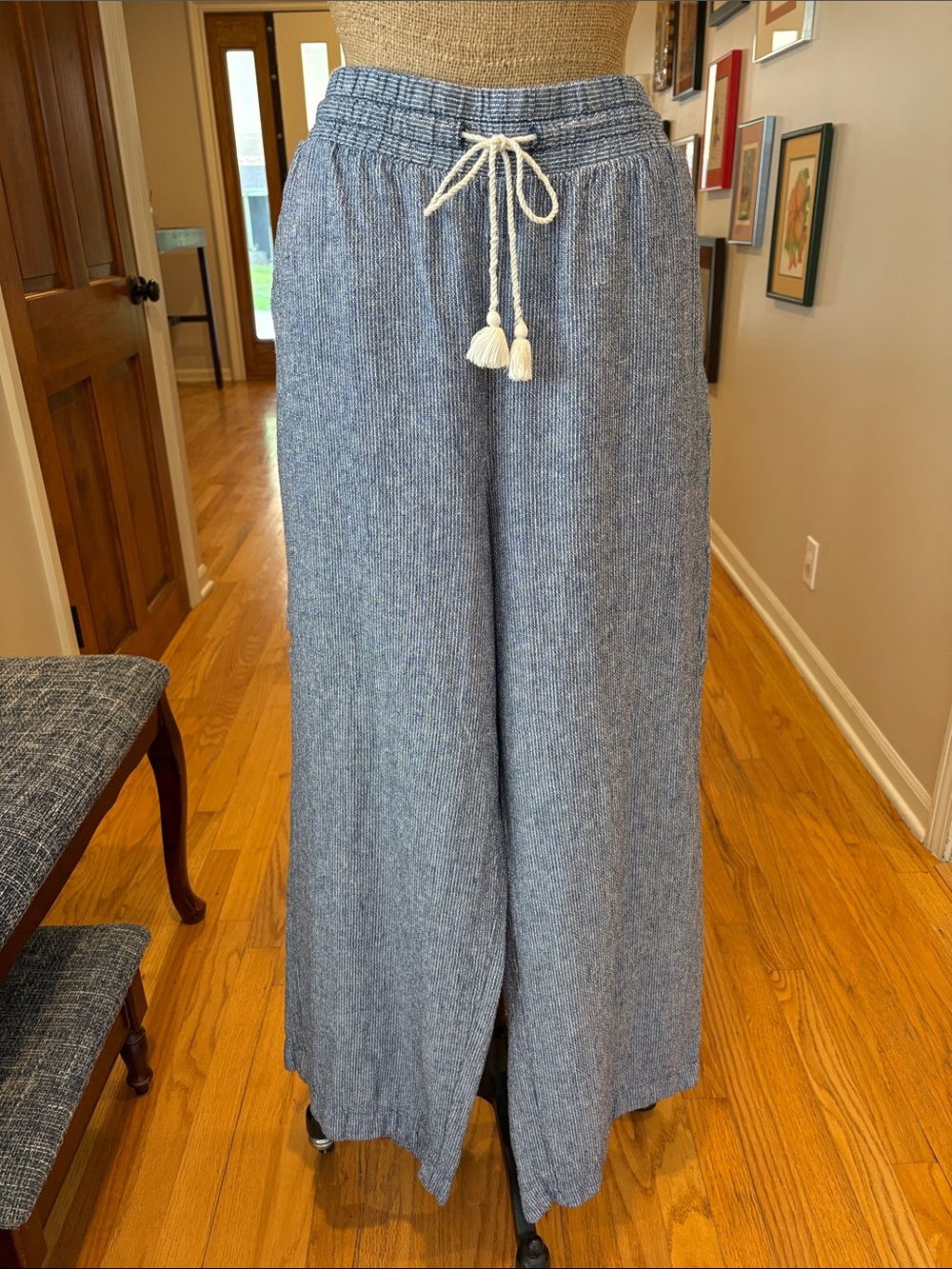 Wide Leg Blue Striped Drawstring Pants